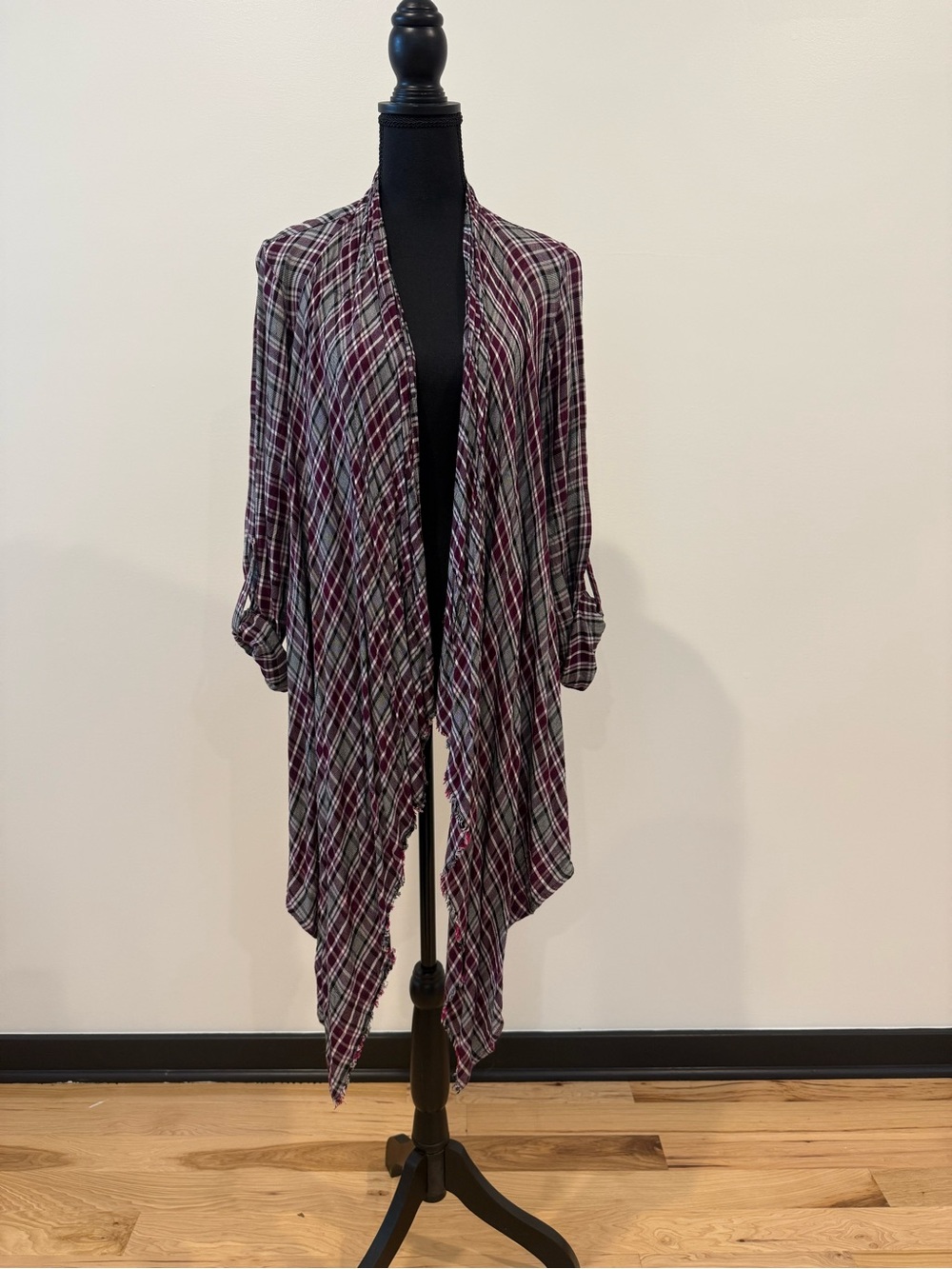Knox Rose Burgundy and Gray Plaid Open-Front Draped Cardigan